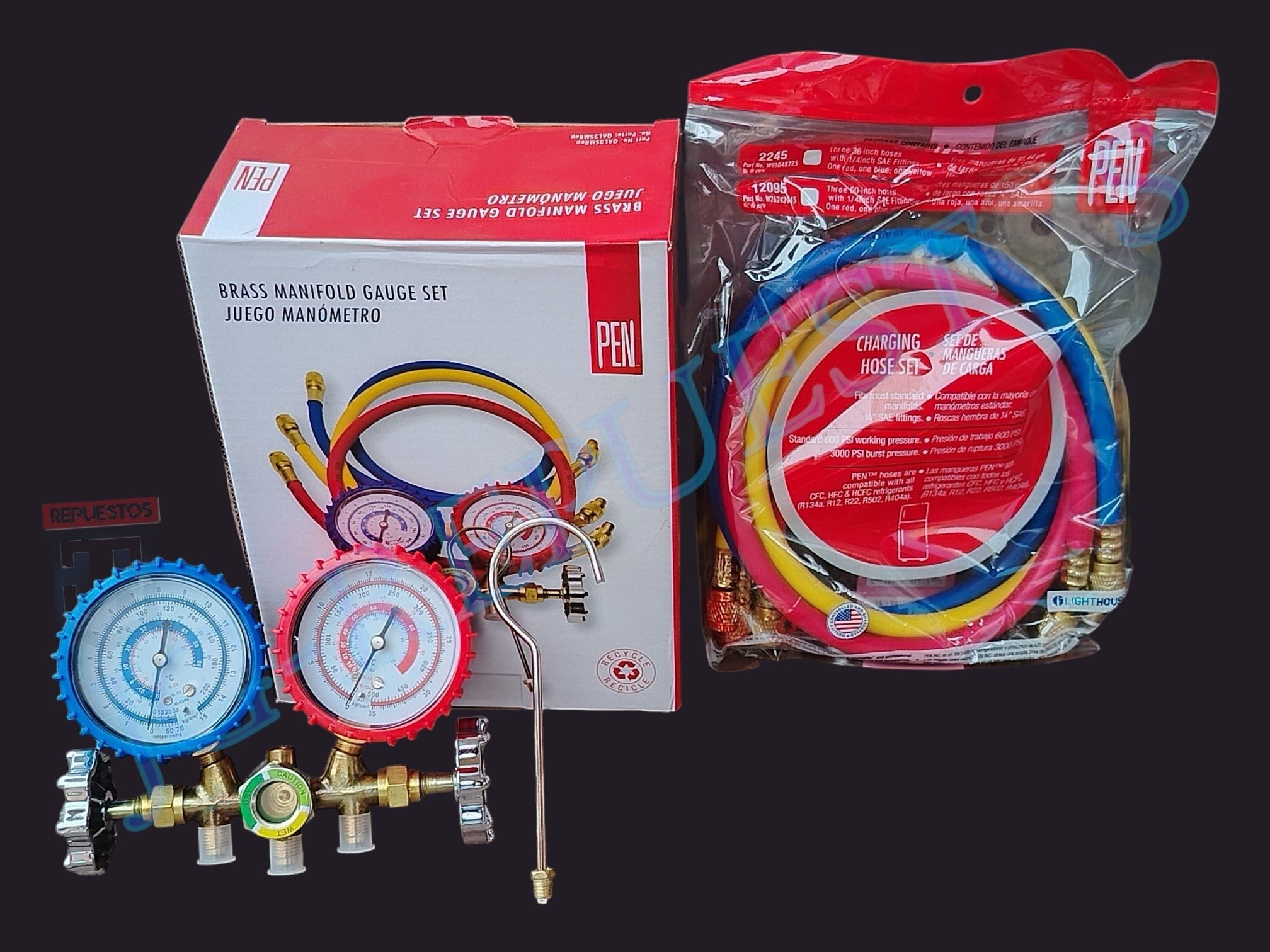 JUEGO MANOMETRO Pen (TM) REFRIGUERADORA.PARA GAS R134A Y R12 CON PAQUETE MANGUERAS DE 3 LARGO 36.91.44CM. MEDIDA DE LA ROSCA ES 1/4 12021